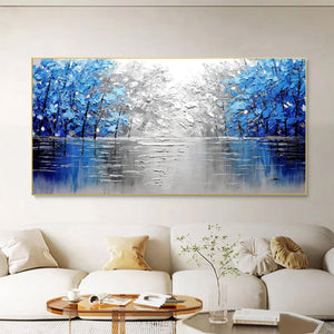 Large Abstract Blue Forest Canvas Wall Art | Textured Nature Landscape Painting for Bedroom Decor