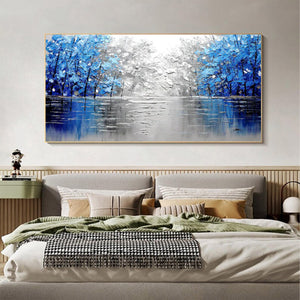 Large Abstract Blue Forest Canvas Wall Art | Textured Nature Landscape Painting for Bedroom Decor