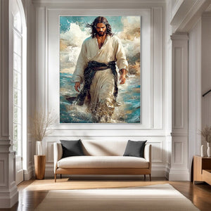 Large Ocean Scene Jesus Walking on Water Hand-Painted Canvas Wall Art Figurative Religious Oil Painting for Wall Decor