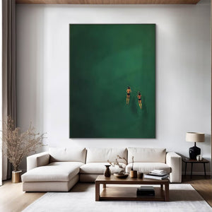 Large Minimalist Swimming Art – Dark Green Abstract Water Oil Painting Hand Painted for Modern Home Decor