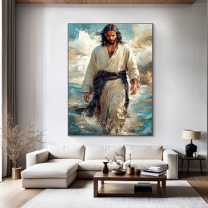 Large Ocean Scene Jesus Walking on Water Hand-Painted Canvas Wall Art Figurative Religious Oil Painting for Wall Decor