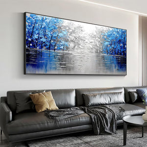 Large Abstract Blue Forest Canvas Wall Art | Textured Nature Landscape Painting for Bedroom Decor