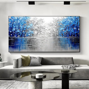 Large Abstract Blue Forest Canvas Wall Art | Textured Nature Landscape Painting for Bedroom Decor