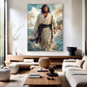 Large Ocean Scene Jesus Walking on Water Hand-Painted Canvas Wall Art Figurative Religious Oil Painting for Wall Decor