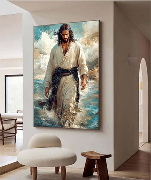 Large Ocean Scene Jesus Walking on Water Hand-Painted Canvas Wall Art Figurative Religious Oil Painting for Wall Decor