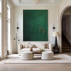 Large Minimalist Swimming Art – Dark Green Abstract Water Oil Painting Hand Painted for Modern Home Decor