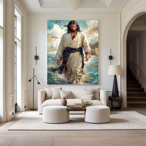 Large Ocean Scene Jesus Walking on Water Hand-Painted Canvas Wall Art Figurative Religious Oil Painting for Wall Decor