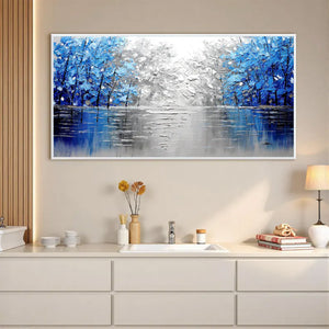 Large Abstract Blue Forest Canvas Wall Art | Textured Nature Landscape Painting for Bedroom Decor