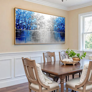 Large Abstract Blue Forest Canvas Wall Art | Textured Nature Landscape Painting for Bedroom Decor