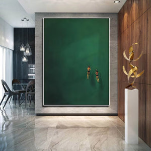 Large Minimalist Swimming Art – Dark Green Abstract Water Oil Painting Hand Painted for Modern Home Decor