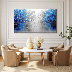 Large Abstract Blue Forest Canvas Wall Art | Textured Nature Landscape Painting for Bedroom Decor