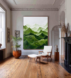 Large Abstract Mountain Painting Green Landscape Canvas Wall Art for Modern Interior Decor
