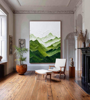 Large Green Mountain Landscape Canvas Wall Art Textured Nature Painting for Living Room Decor