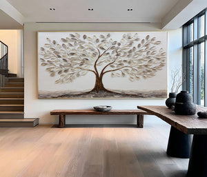 Large Modern Botanical Tree Canvas Wall Art Neutral Nature Painting for Contemporary Home Decor