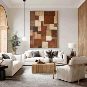 Large Contemporary Patchwork Abstract Canvas Wall Art Terracotta Earth Tone Painting for Home Decor