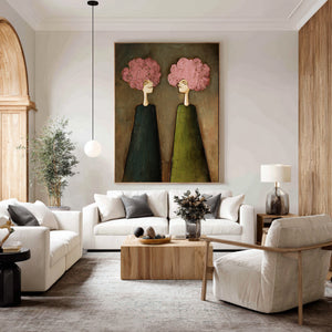 Large Expressive Floral Figure Oil Painting on Canvas Textured Wall Art for Modern Living Room Decor