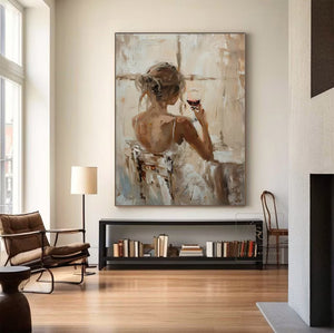 Large Back View Girl with Wine Glass Hand-Painted Oil Painting #VRA 122