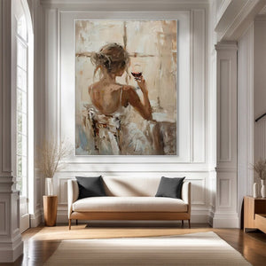 Large Back View Girl with Wine Glass Hand-Painted Oil Painting Modern Figure Canvas Wall Art for Living Room Decor