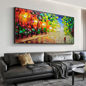 Large Impasto Forest Landscape Canvas Wall Art | Vibrant Autumn Trees Painting for Bedroom