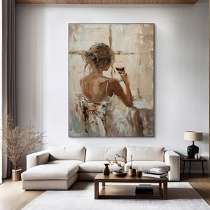 Large Back View Girl with Wine Glass Hand-Painted Oil Painting Modern Figure Canvas Wall Art for Living Room Decor