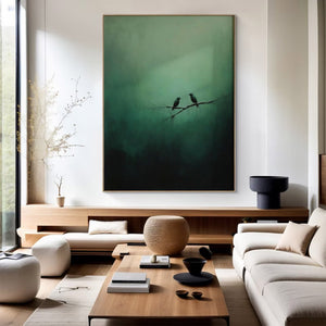 Large Hand Painted Bird Art – Deep Green Abstract Nature Oil Painting on Canvas for Home Decor