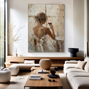 Large Back View Girl with Wine Glass Hand-Painted Oil Painting Modern Figure Canvas Wall Art for Living Room Decor