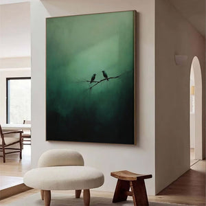 Large Hand Painted Bird Art – Deep Green Abstract Nature Oil Painting on Canvas for Home Decor