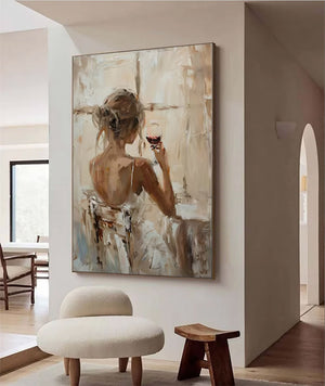 Large Back View Girl with Wine Glass Hand-Painted Oil Painting Modern Figure Canvas Wall Art for Living Room Decor