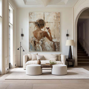 Large Back View Girl with Wine Glass Hand-Painted Oil Painting Modern Figure Canvas Wall Art for Living Room Decor