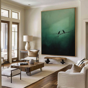 Large Hand Painted Bird Art – Deep Green Abstract Nature Oil Painting on Canvas for Home Decor