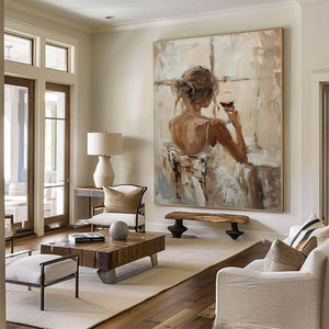 Large Back View Girl with Wine Glass Hand-Painted Oil Painting Modern Figure Canvas Wall Art for Living Room Decor