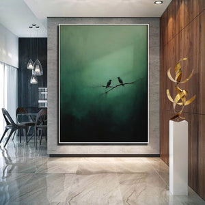 Large Hand Painted Bird Art – Deep Green Abstract Nature Oil Painting on Canvas for Home Decor
