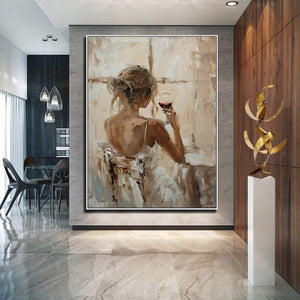 Large Back View Girl with Wine Glass Hand-Painted Oil Painting Modern Figure Canvas Wall Art for Living Room Decor