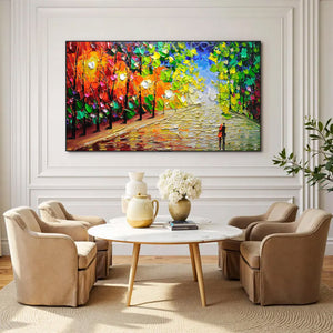 Large Impasto Forest Landscape Canvas Wall Art | Vibrant Autumn Trees Painting for Bedroom