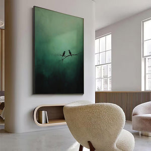 Large Hand Painted Bird Art – Deep Green Abstract Nature Oil Painting on Canvas for Home Decor