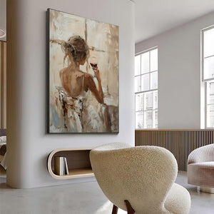 Large Back View Girl with Wine Glass Hand-Painted Oil Painting Modern Figure Canvas Wall Art for Living Room Decor