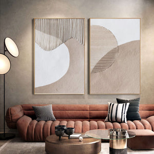 Set of 2 Modern Textured Macrame & Sand Canvas Art Neutral Geometric Wall Decor for Home & Office