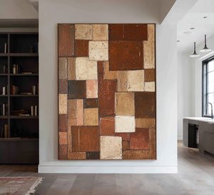 Large Contemporary Patchwork Abstract Canvas Wall Art Terracotta Earth Tone Painting for Home Decor