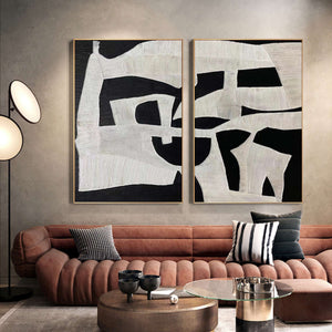 Set of 2 Large Black & White Abstract Textured Canvas Wall Art Modern Minimalist Painting for Living Room Decor