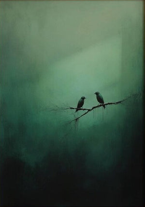 Large Hand Painted Bird Art – Deep Green Abstract Nature Oil Painting on Canvas for Home Decor