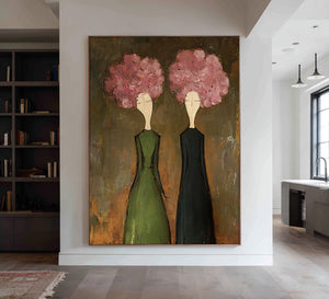 Large Modern Floral Portrait Oil Painting on Canvas Textured Wall Art for Living Room Decor