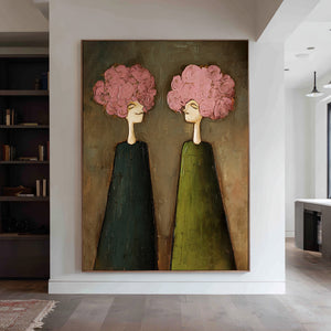 Large Expressive Floral Figure Oil Painting on Canvas Textured Wall Art for Modern Living Room Decor