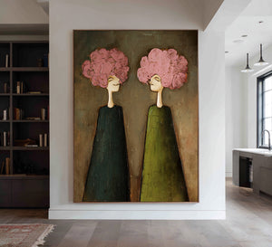 Large Expressive Floral Figure Oil Painting on Canvas Textured Wall Art for Modern Living Room Decor