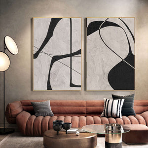 Set of 2 Large Black & Beige Abstract Geometric Canvas Wall Art Modern Minimalist Textured Painting for Living Room Decor