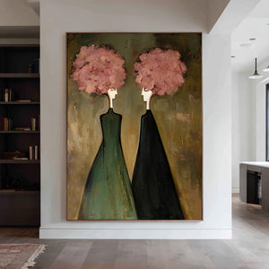 Large Vintage Floral Figure Oil Painting on Canvas Elegant Wall Art for Living Room Decor