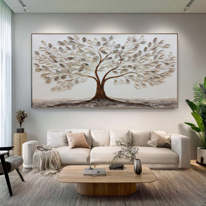 Large Modern Botanical Tree Canvas Wall Art Neutral Nature Painting for Contemporary Home Decor