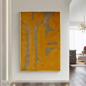 Large Geometric Oil Painting – Yellow and Gray Abstract Canvas Art Hand Painted for Modern Living Room