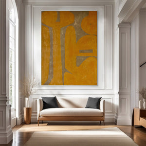 Large Geometric Oil Painting – Yellow and Gray Abstract Canvas Art Hand Painted for Modern Living Room