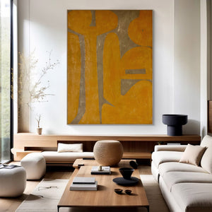 Large Geometric Oil Painting – Yellow and Gray Abstract Canvas Art Hand Painted for Modern Living Room