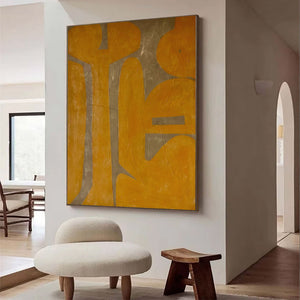 Large Geometric Oil Painting – Yellow and Gray Abstract Canvas Art Hand Painted for Modern Living Room